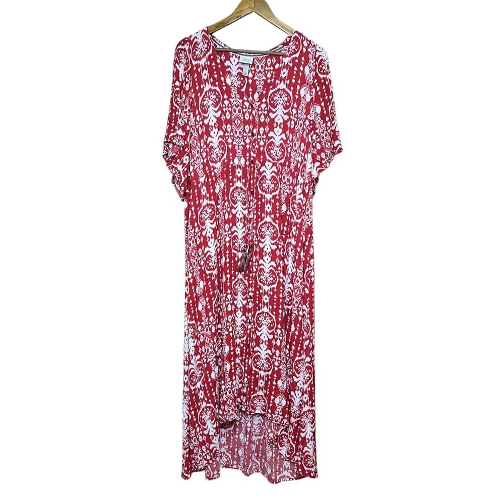 Knox Rose Red White Ikat Boho Maxi Dress High Low Tassel Tie V-Neck Size L